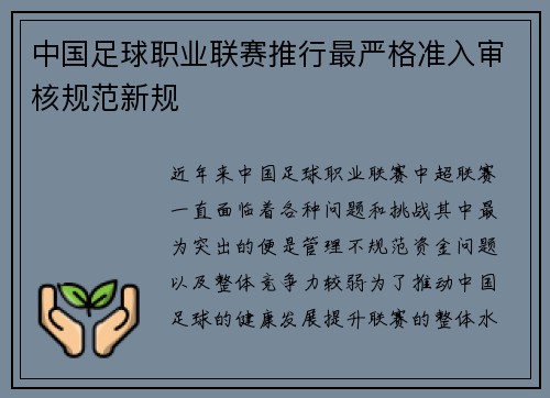 中国足球职业联赛推行最严格准入审核规范新规 中国足球职业联赛推行最严格准入审核规范新规