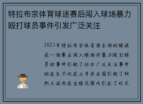 特拉布宗体育球迷赛后闯入球场暴力殴打球员事件引发广泛关注