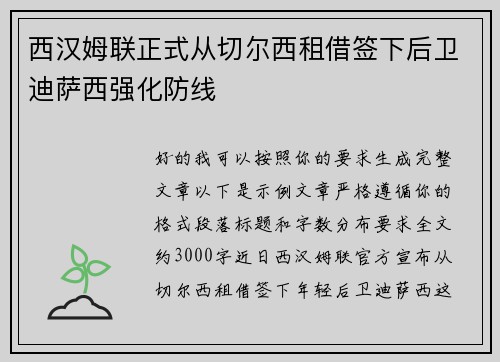 西汉姆联正式从切尔西租借签下后卫迪萨西强化防线
